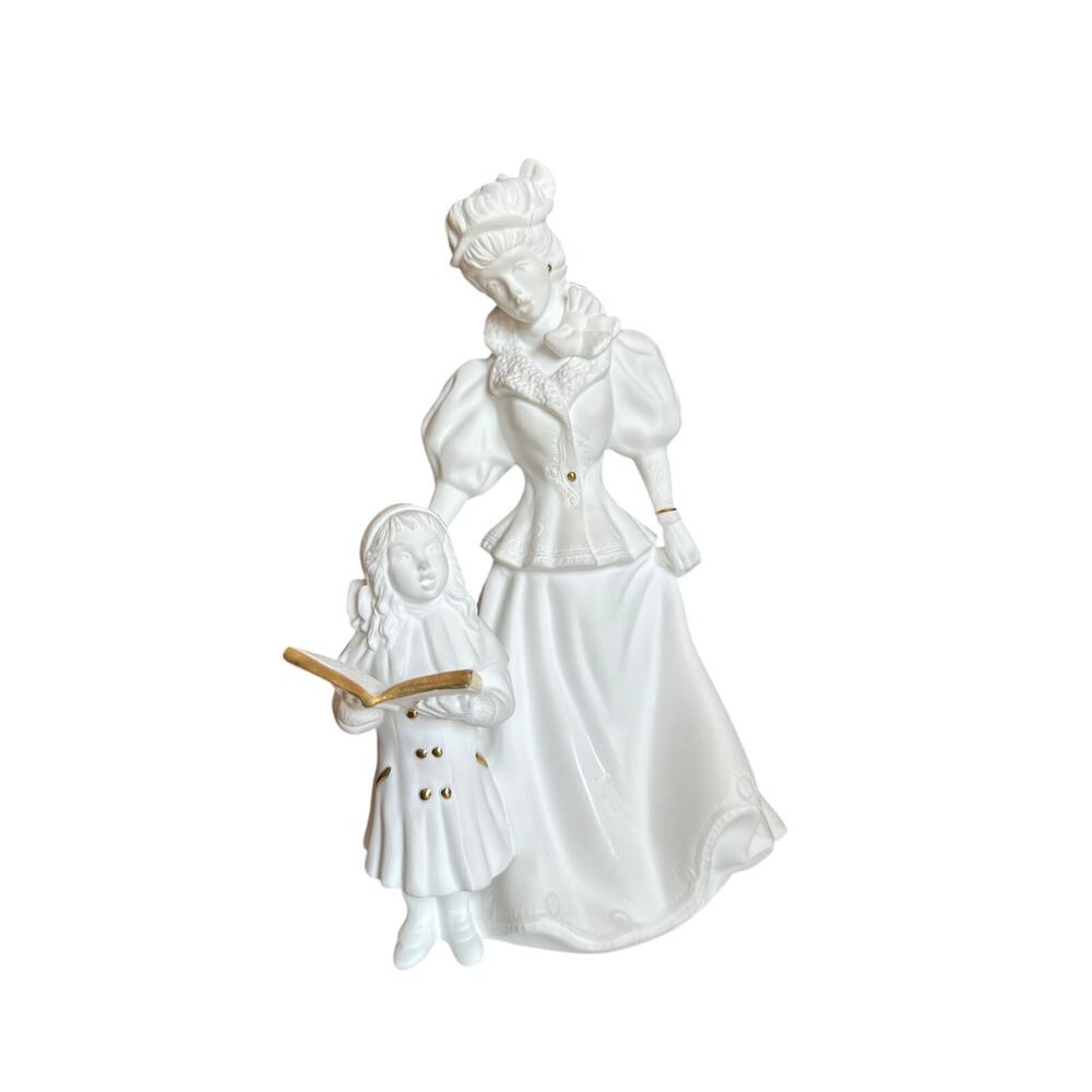 Vintage Lenox 1991 White Bisque w/Gold Trim Woman & Child Caroler